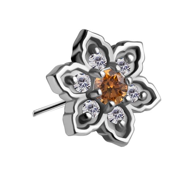 Tryck in keps - blomma med orange och vita zirkoner - CoCr NF - silver - PI-007