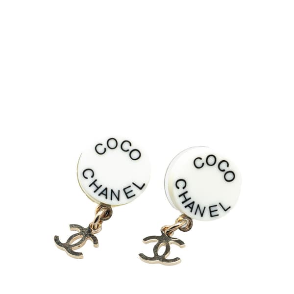 Pre-owned Chanel Gold Plated Acrylic CC Dangle Coco Chanel Push Back Earrings White