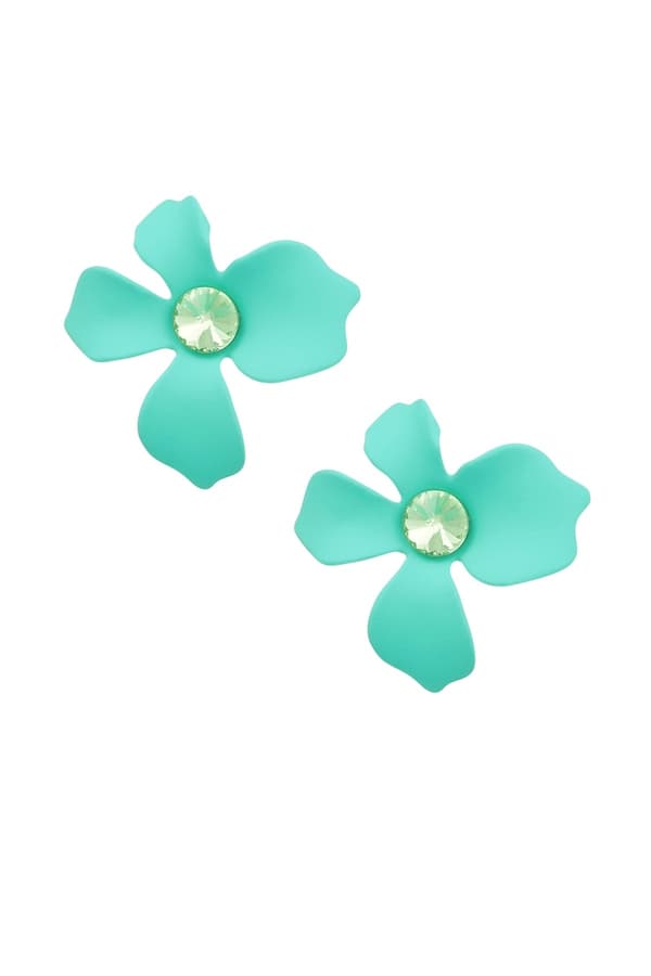 Stud Örhängen i Form av Söta Turkos / Gröna Sommar Blommor med Glittrande Grön Sten