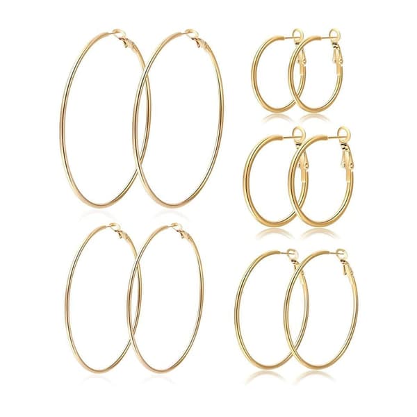 5-pack silverfärgade hoops örhängen – Lätta, allergivänliga ringörhängen i 316L rostfritt stål, 30–70 mm, eleganta och stilrena