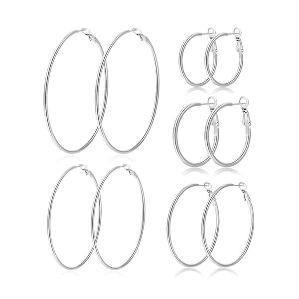 5-pack silverfärgade hoops örhängen – Lätta, allergivänliga ringörhängen i 316L rostfritt stål, 30–70 mm, eleganta och stilrena Silver