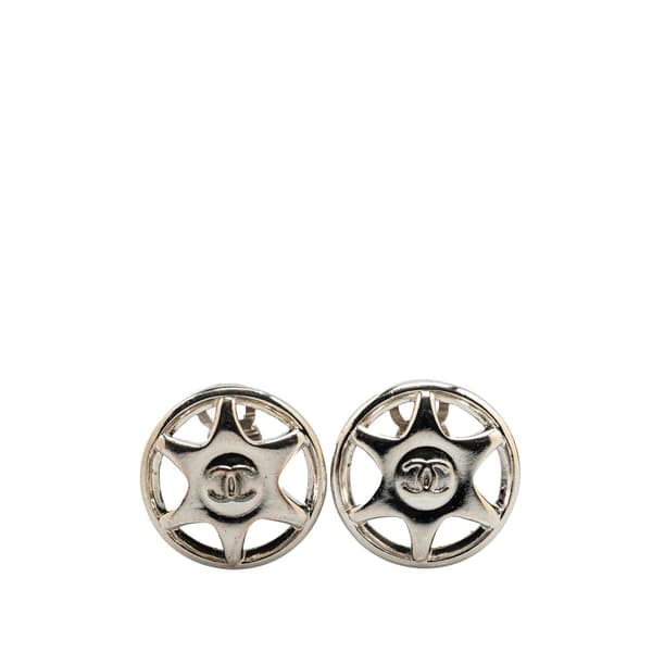 Pre-owned Chanel Silver CC Round Star Clip On Earrings Silver