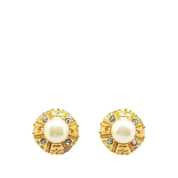 Pre-owned Chanel Gold Plated Round Faux Pearl Rhinestones Clip on Earrings Gold