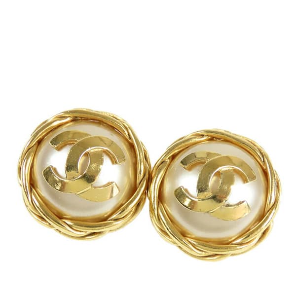 Pre-owned Chanel Gold Plated Faux Pearl CC Round Clip On Earrings Gold