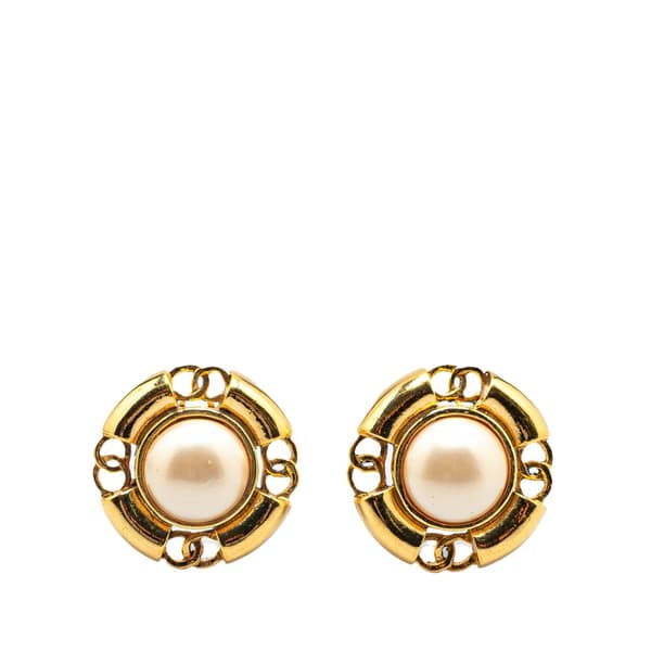 Pre-owned Chanel Gold Plated CC Faux Pearl Clip on Earrings Gold