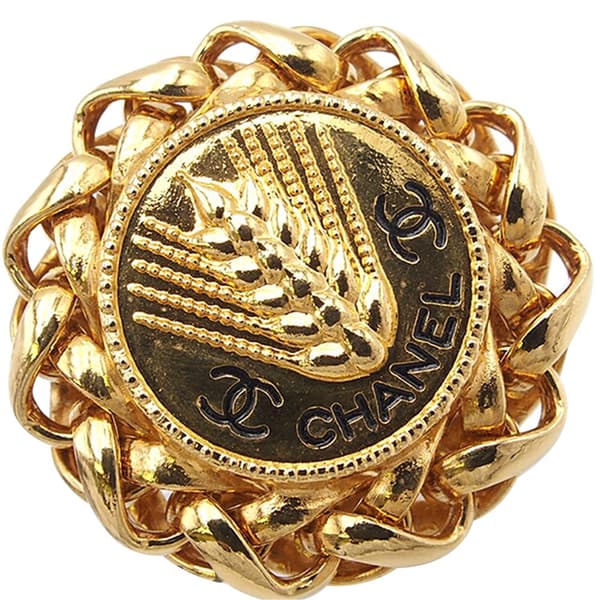 Pre-owned Chanel Gold Plated CC Wheat Medallion Clip On Earrings Gold