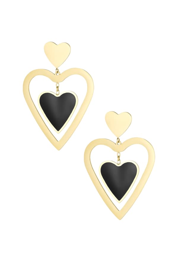 Statement Guld Örhängen i Rostfritt Stål - Double Heart - Blanka & Svarta Hjärtan