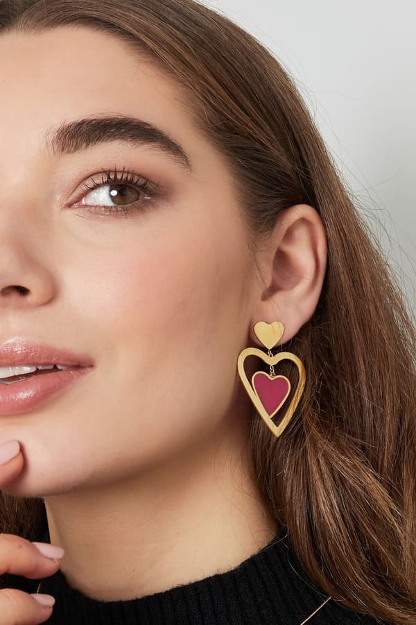 Statement Guld Örhängen i Rostfritt Stål - Double Heart - Blanka & Beige Hjärtan