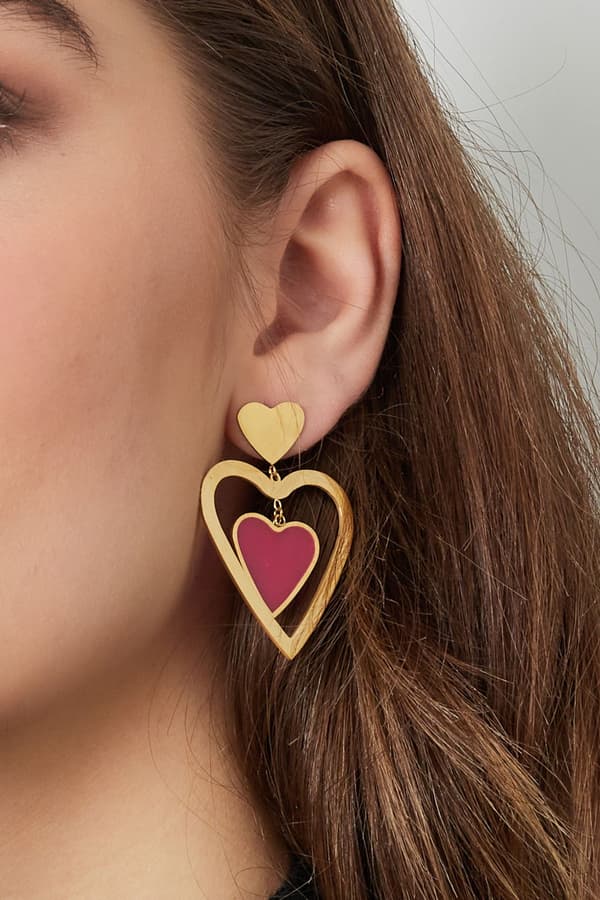Statement Guld Örhängen i Rostfritt Stål - Double Heart - Blanka & Beige Hjärtan