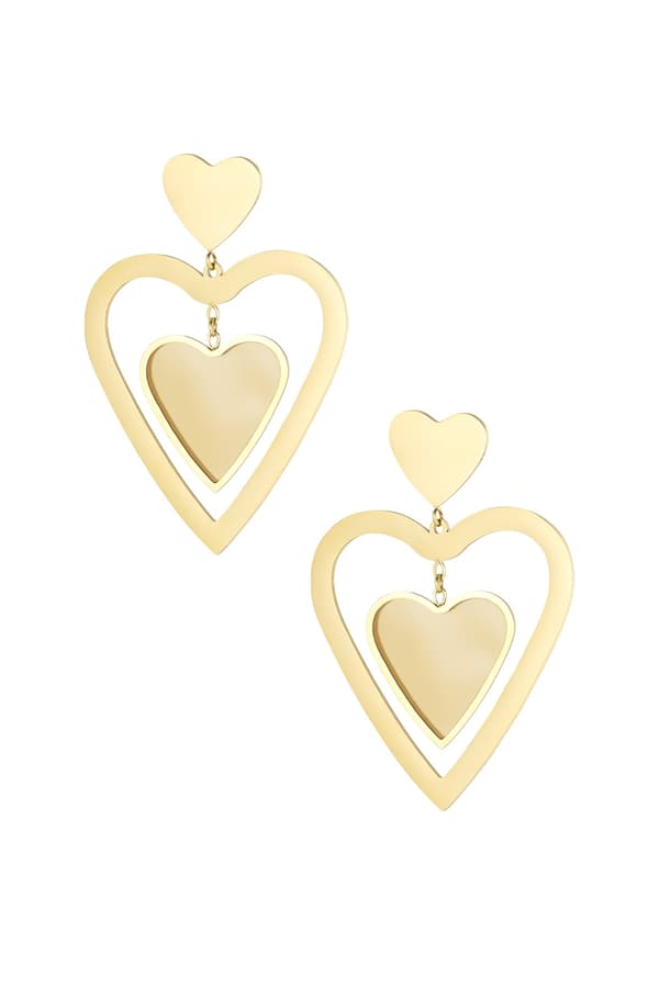Statement Guld Örhängen i Rostfritt Stål - Double Heart - Blanka & Beige Hjärtan