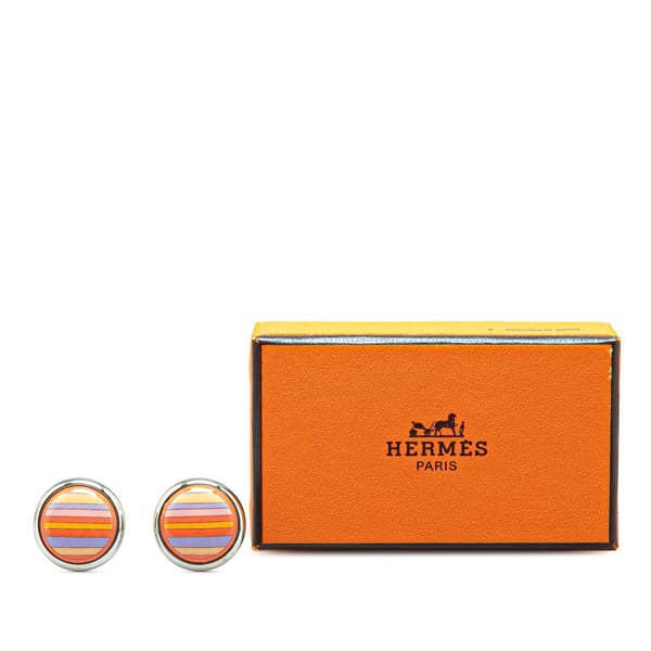 Pre-owned Hermès Enamel Stripe Cloisonne Clip On Earrings Orange