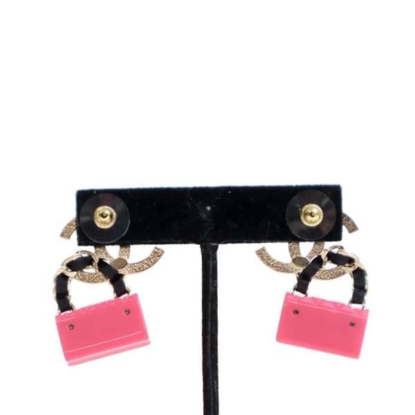 Pre-owned Chanel Gold Plated Calfskin Resin CC Handbag Push Back Earrings Gold