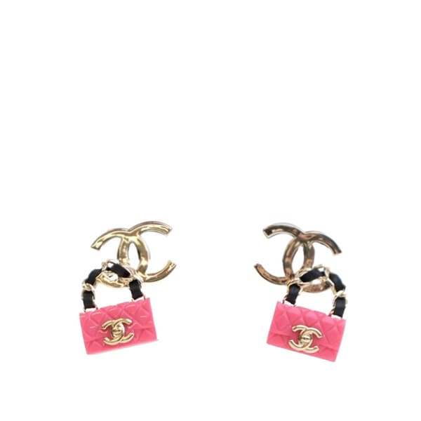Pre-owned Chanel Gold Plated Calfskin Resin CC Handbag Push Back Earrings Gold