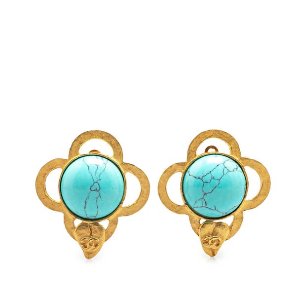 Pre-owned Chanel Gold Plated Gripoix Clover Clip On Earrings Gold