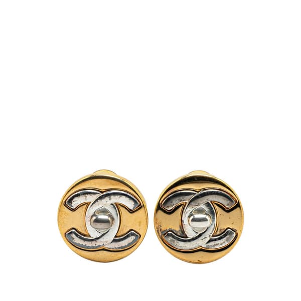 Pre-owned Chanel Gold Plated CC Turnlock Round Clip On Earrings Gold