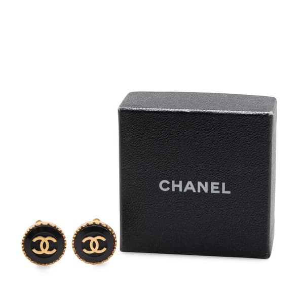 Pre-owned Chanel Resin CC Button Clip On Earrings Black