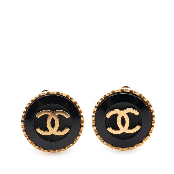 Pre-owned Chanel Resin CC Button Clip On Earrings Black