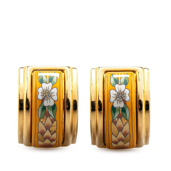 Pre-owned Hermès Enamel Cloisonne Flower Clip On Earrings Yellow