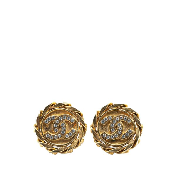 Pre-owned Chanel Gold Plated CC Rhinestones Clip on Earrings Gold