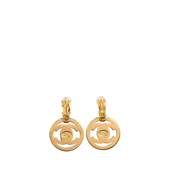Pre-owned Chanel Gold Plated CC Turnlock Round Drop Clip On Earrings Gold