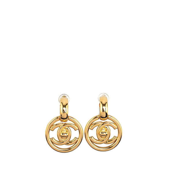 Pre-owned Chanel Gold Plated CC Turnlock Round Drop Clip On Earrings Gold