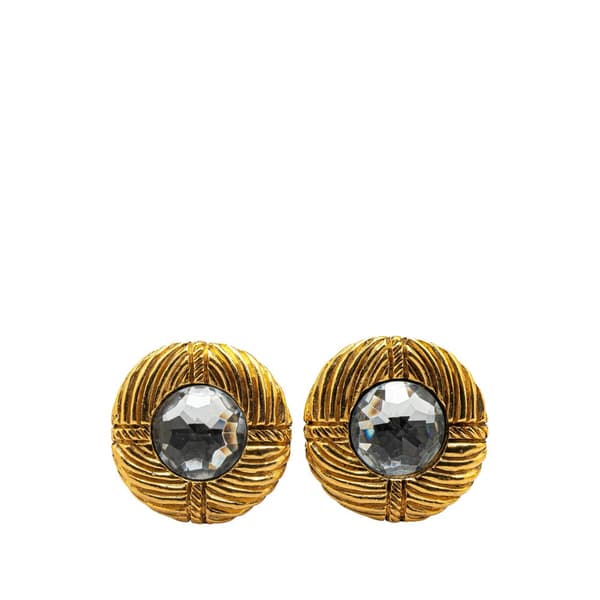 Pre-owned Chanel Gold Plated Ribbed Rhinestone Clip On Earrings Gold