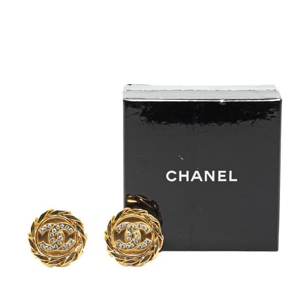 Pre-owned Chanel Gold Plated CC Rhinestones Clip on Earrings Gold