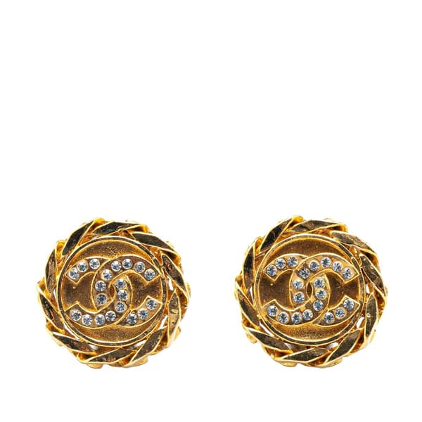 Pre-owned Chanel Gold Plated CC Rhinestones Clip on Earrings Gold