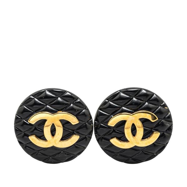 Pre-owned Chanel Resin Quilted CC Button Clip On Earrings Black