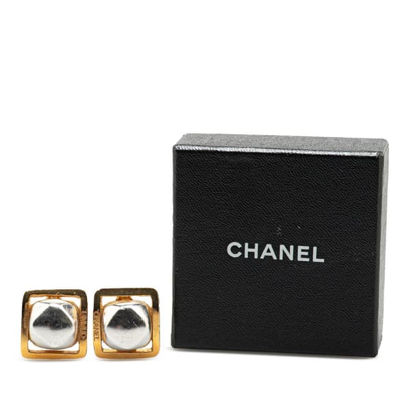 Pre-owned Chanel Gold Plated and Silver Square Bead Clip On Earrings Gold