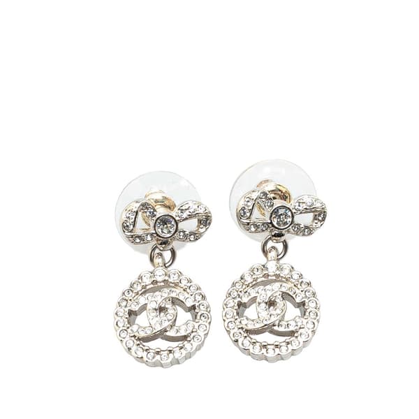 Pre-owned Chanel Silver CC Rhinestones Push Back Earrings Silver