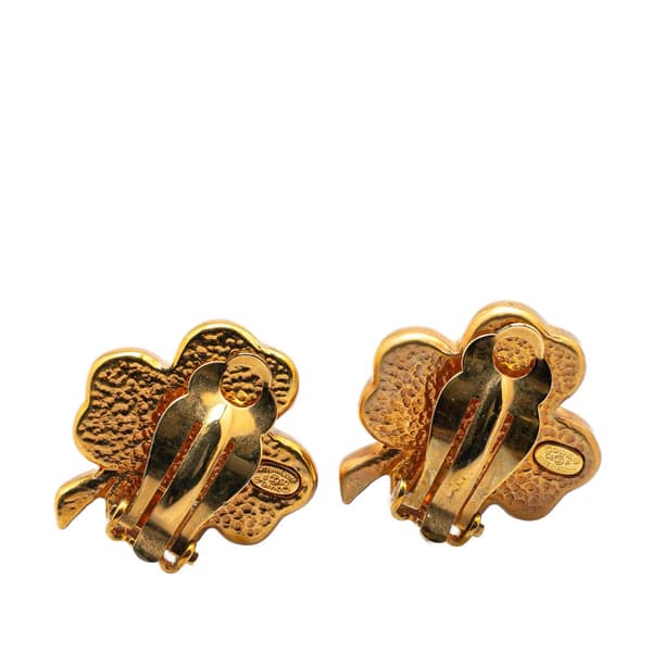 Pre-owned Chanel Gold Plated Enamel Clover Clip On Earrings Pink
