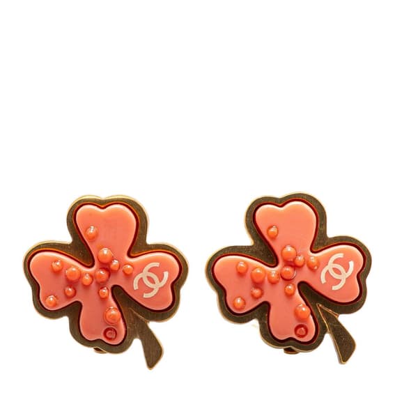 Pre-owned Chanel Gold Plated Enamel Clover Clip On Earrings Pink