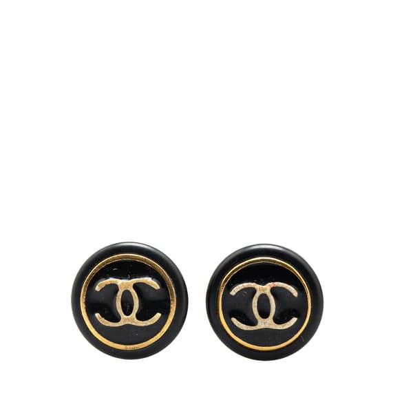 Pre-owned Chanel Resin CC Button Clip On Earrings Black