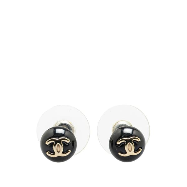 Pre-owned Chanel Resin CC Button Push Back Earrings Black