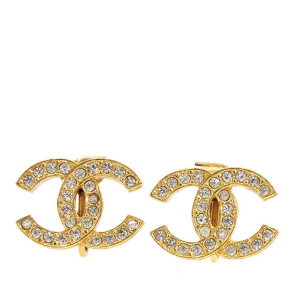 Pre-owned Chanel Gold Plated Rhinestone CC Clip On Earrings Gold