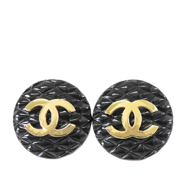 Pre-owned Chanel Resin Quilted CC Button Clip On Earrings Black