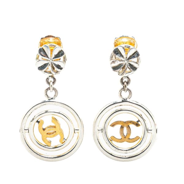 Pre-owned Chanel Silver Clover CC Drop Clip on Earrings Silver