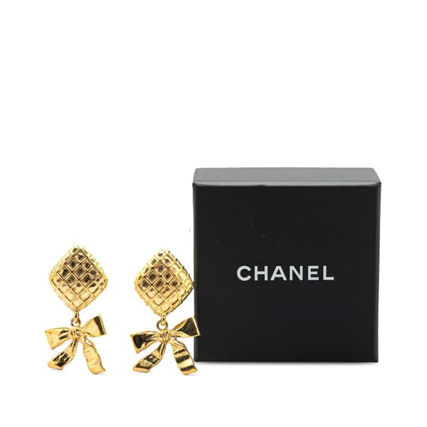 Pre-owned Chanel Drop Bow Clip On Earrings Gold
