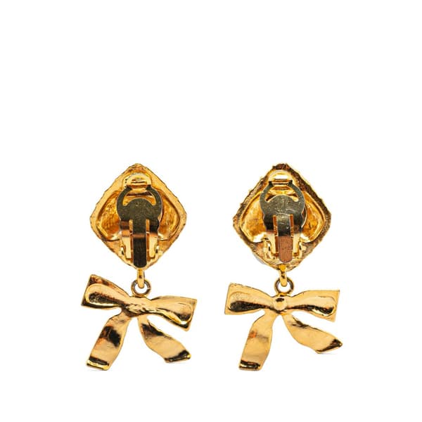 Pre-owned Chanel Drop Bow Clip On Earrings Gold