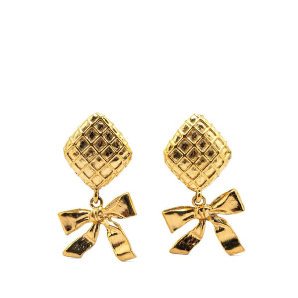 Pre-owned Chanel Drop Bow Clip On Earrings Gold