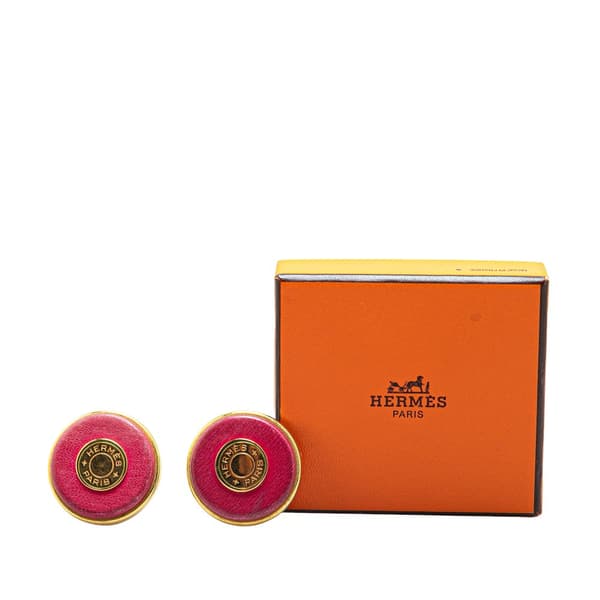 Pre-owned Hermès Gold Plated and Leather Bijouterie Fantaisie Clou De Selle Clip On Earrings Gold