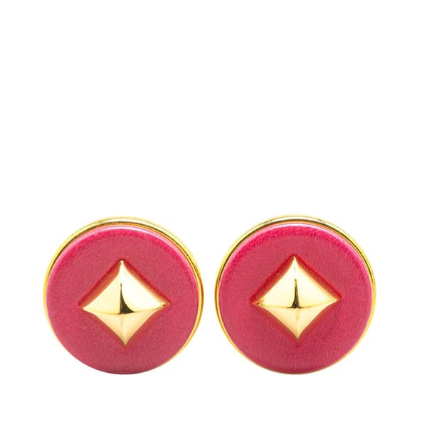 Pre-owned Hermès Gold Plated and Leather Medor Round Clip on Earrings Pink