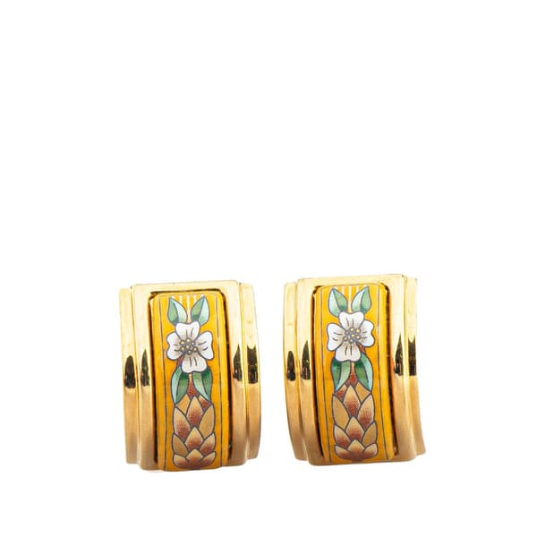Pre-owned Hermès Enamel Cloisonne Flower Clip On Earrings Yellow