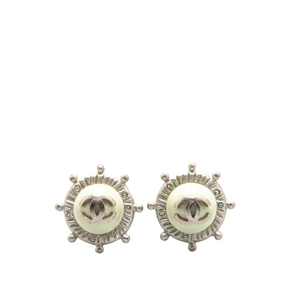 Pre-owned Chanel Silver CC Faux Pearl Clip On Earrings Silver