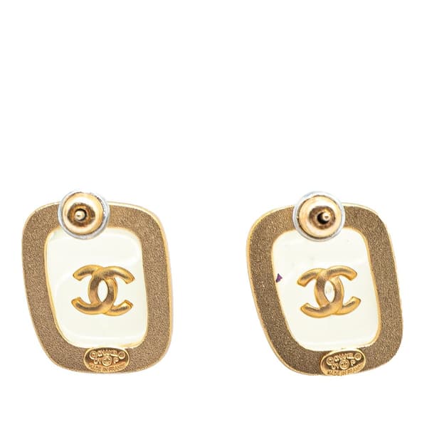 Pre-owned Chanel Gold Plated CC Resin Square Push Back Earrings Gold
