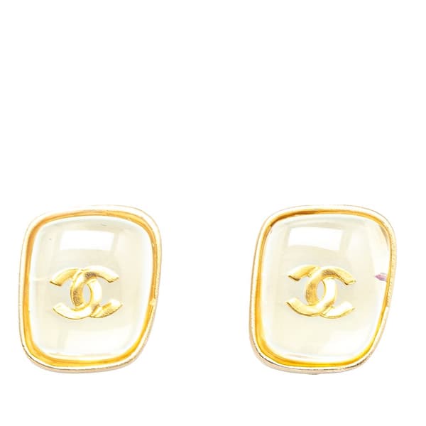 Pre-owned Chanel Gold Plated CC Resin Square Push Back Earrings Gold