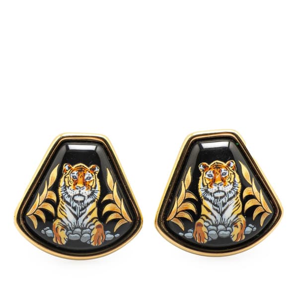 Pre-owned Hermès Royal Tiger Cloisonne Enamel Clip On Earrings Black