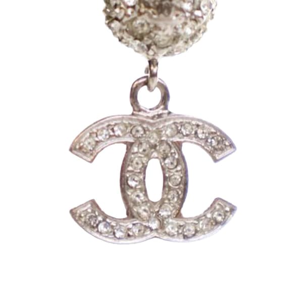 Pre-owned Chanel Silver Plated Crystal CC Drop Push Back Earrings Silver