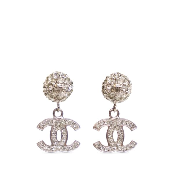 Pre-owned Chanel Silver Plated Crystal CC Drop Push Back Earrings Silver